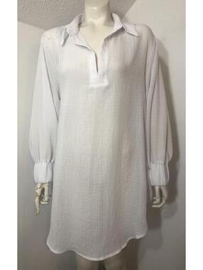 Venus Womens Medium Y Neck Swim Cover Semi Sheer White Long Sleeves Knee Length